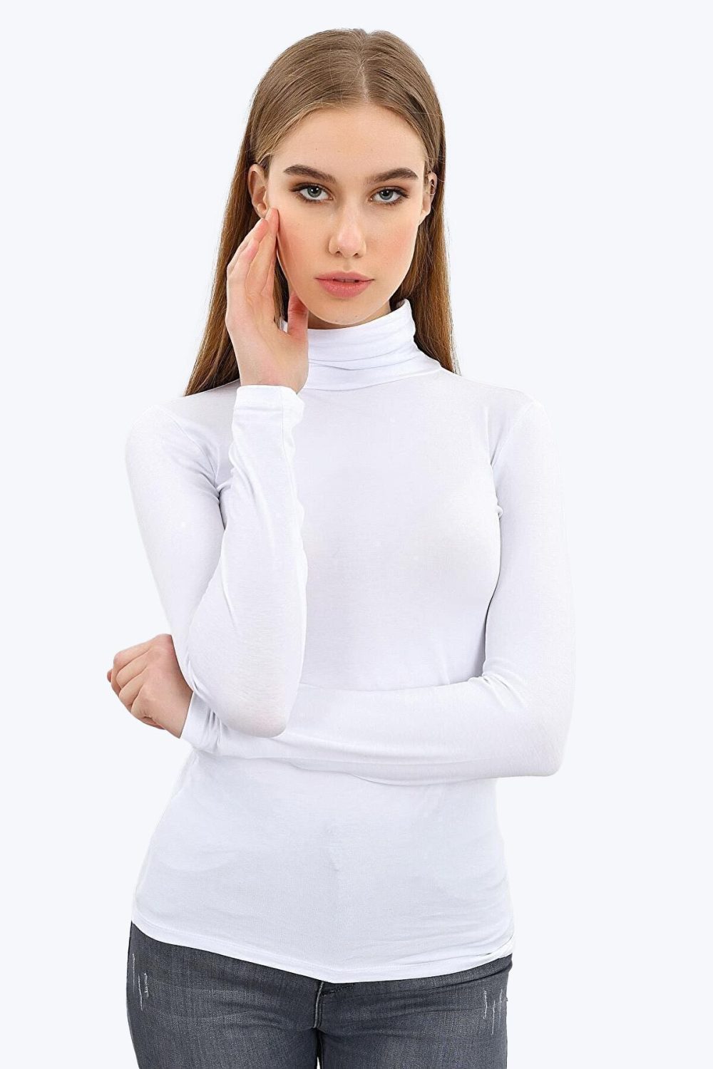DFN Kadın Beyaz Uzun Kollu Tam Balıkçı Yaka Modal Body 194