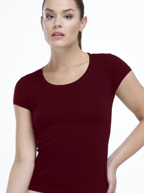 DFN Kadın Bordo Açık Yuvarlak Yaka Kısa Kollu Modal Body 1035