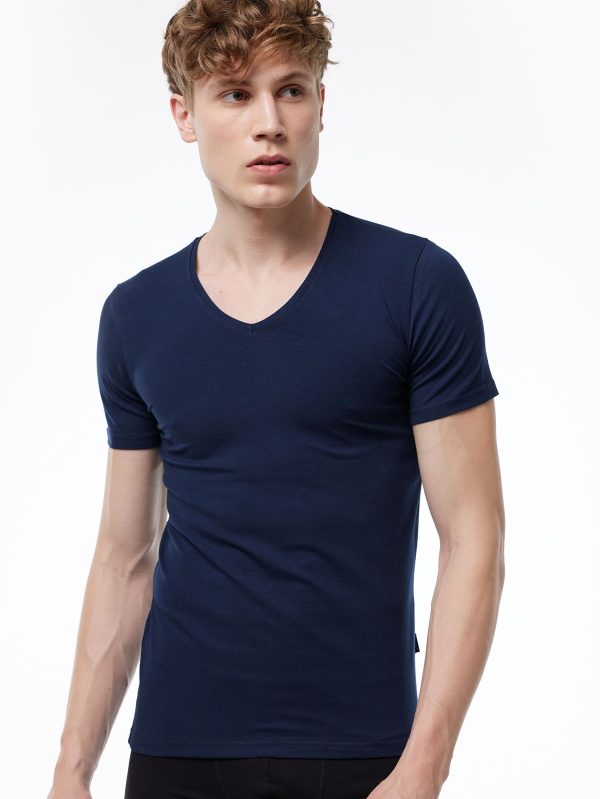 DFN Erkek Lacivert V Yaka Kısa Kollu Modal T-shirt Body 032