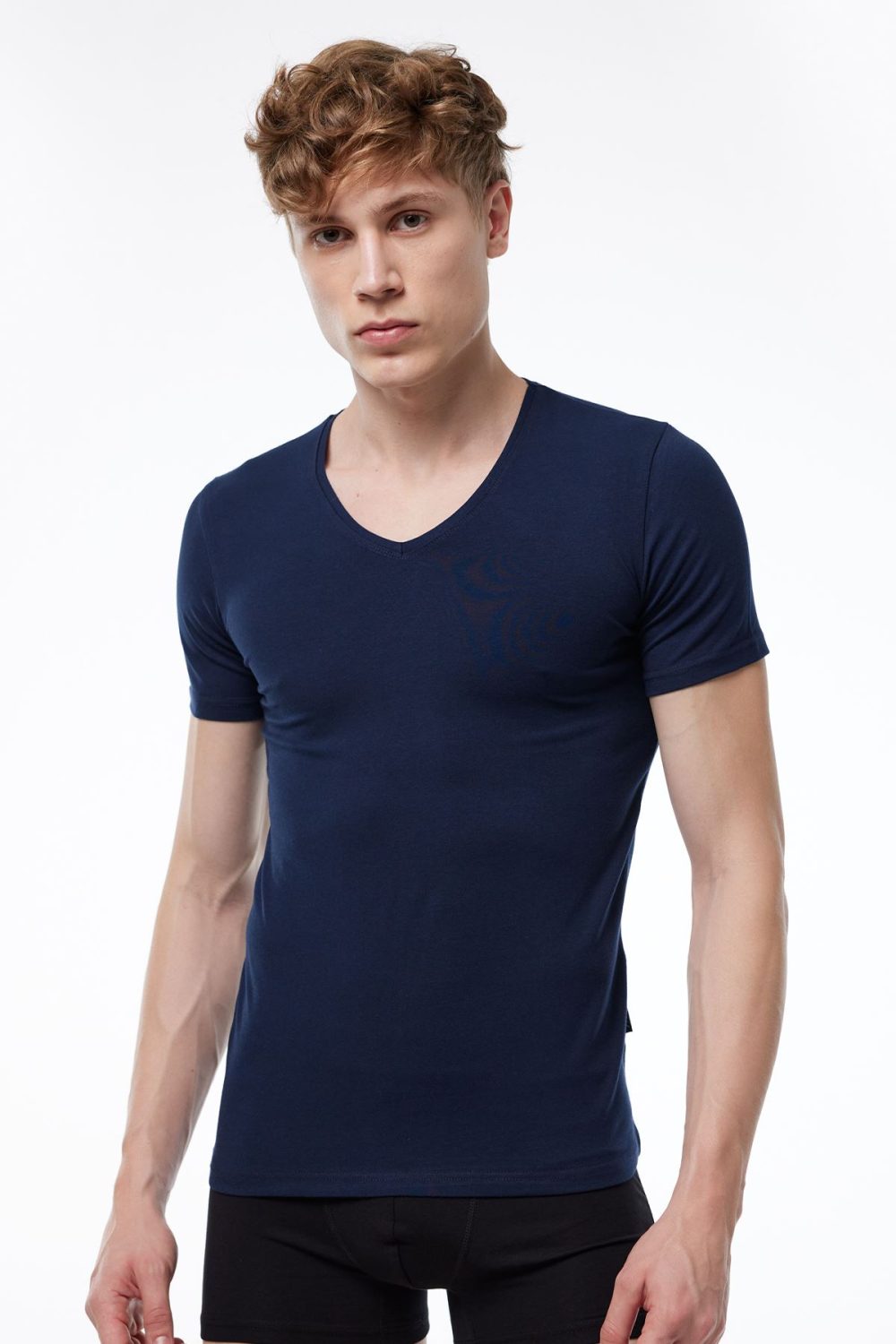 DFN Erkek Lacivert V Yaka Kısa Kollu Modal T-shirt Body 032 - Görsel 4