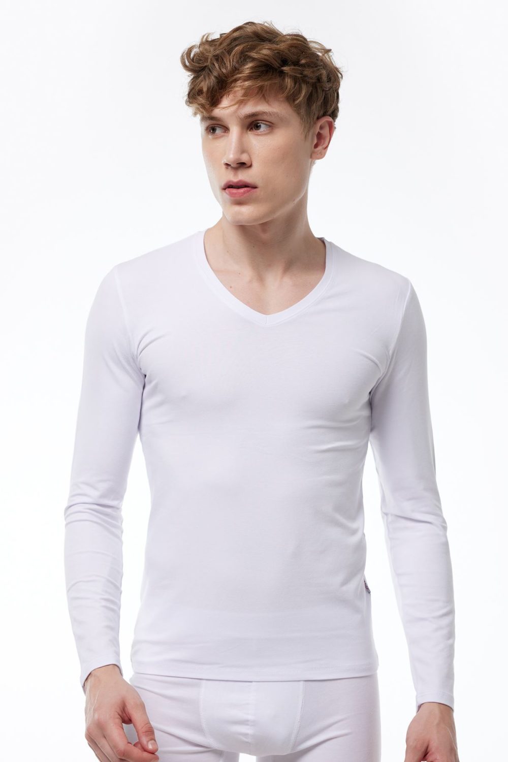 DFN Erkek Beyaz V Yaka Uzun Kollu Modal Body 059