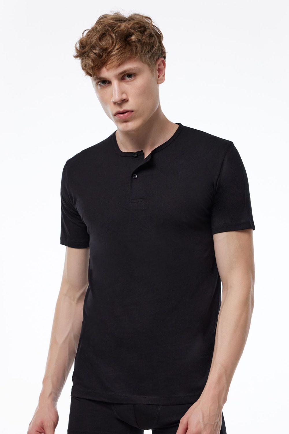 DFN Erkek Siyah Düğmeli Yaka İnce Modal Yaz Serinliği T-shirt 083