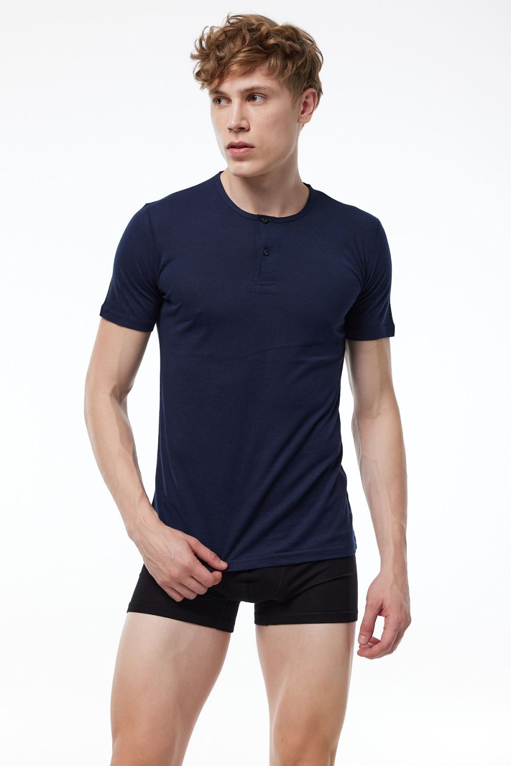 DFN Erkek Lacivert Düğmeli Yaka İnce Modal Yaz Serinliği T-Shirt 083 - Görsel 2
