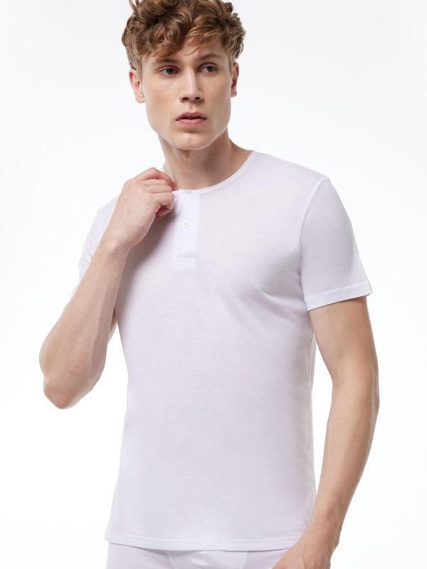 DFN Erkek Beyaz Düğmeli Yaka İnce Modal Yaz Serinliği T-Shirt 083