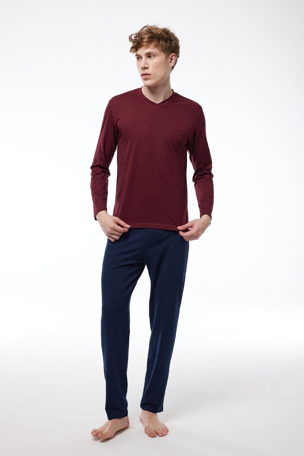 DFN Erkek Bordo V Yaka Uzun Kollu Kışlık Pijama Takımı 6011 - Görsel 2