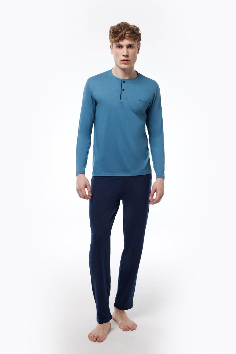 DFN Erkek Mavi Düğmeli Yaka Uzun Kollu Kışlık Pijama Takımı 6010