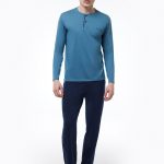 DFN Erkek Mavi Düğmeli Yaka Uzun Kollu Kışlık Pijama Takımı 6010