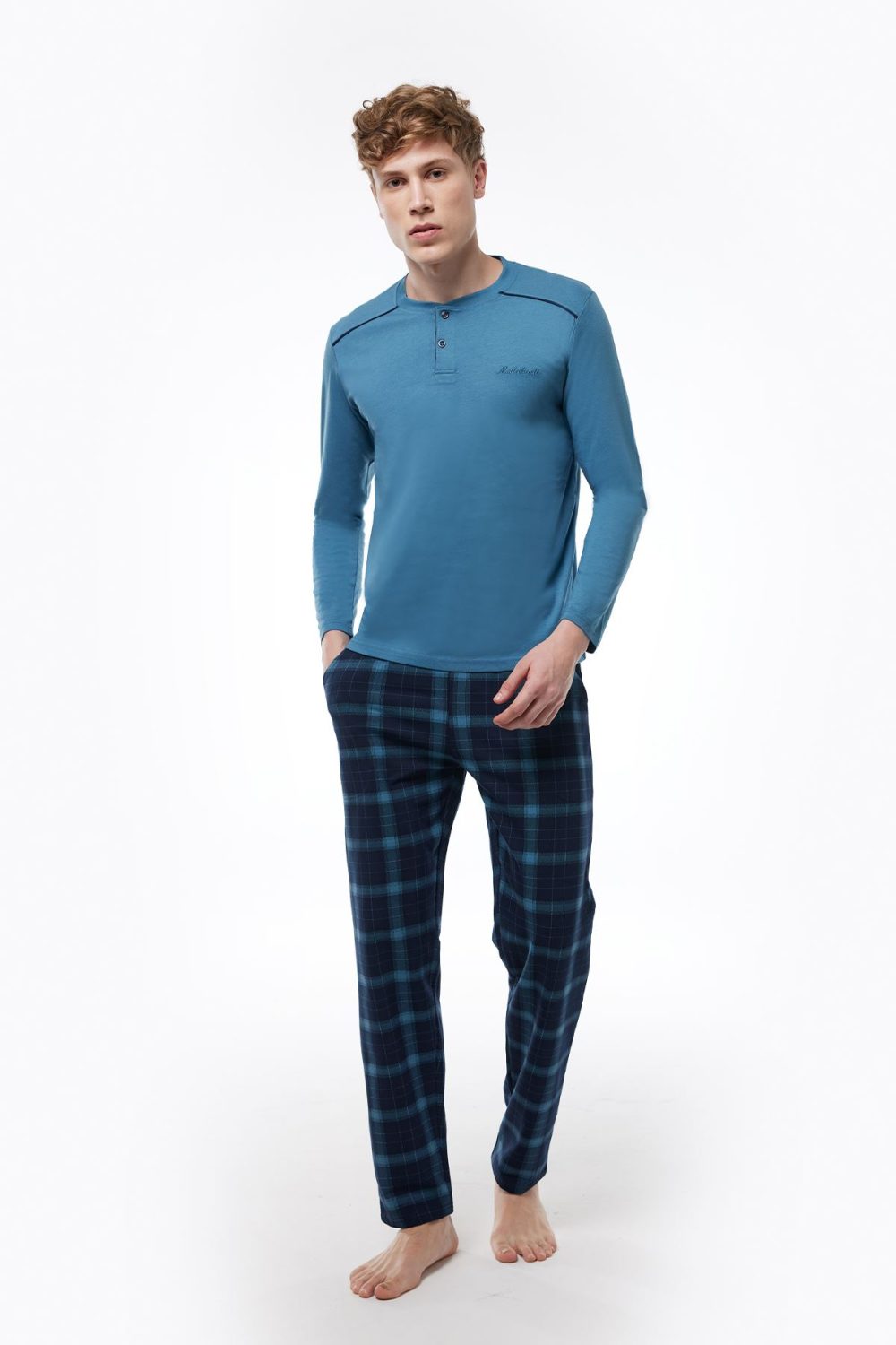 DFN Erkek Mavi Ekoseli Düğmeli Yaka Uzun Kollu Kışlık Pijama Takımı 6015