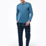 DFN Erkek Mavi Ekoseli Düğmeli Yaka Uzun Kollu Kışlık Pijama Takımı 6015