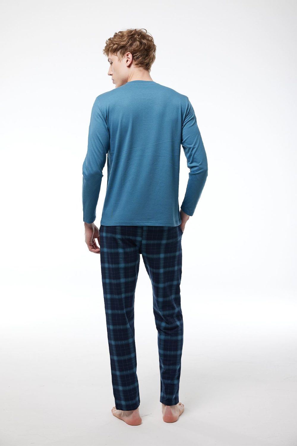 DFN Erkek Mavi Ekoseli Düğmeli Yaka Uzun Kollu Kışlık Pijama Takımı 6015 - Görsel 3