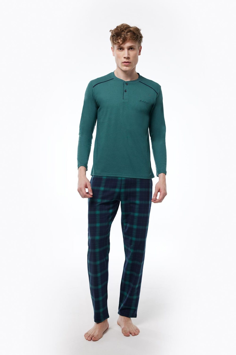 DFN Erkek Yeşil Ekoseli Düğmeli Yaka Uzun Kollu Kışlık Pijama Takımı 6015