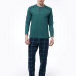 DFN Erkek Yeşil Ekoseli Düğmeli Yaka Uzun Kollu Kışlık Pijama Takımı 6015