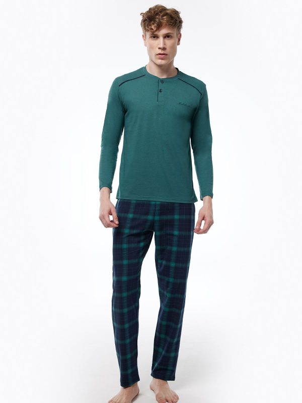 DFN Erkek Yeşil Ekoseli Düğmeli Yaka Uzun Kollu Kışlık Pijama Takımı 6015