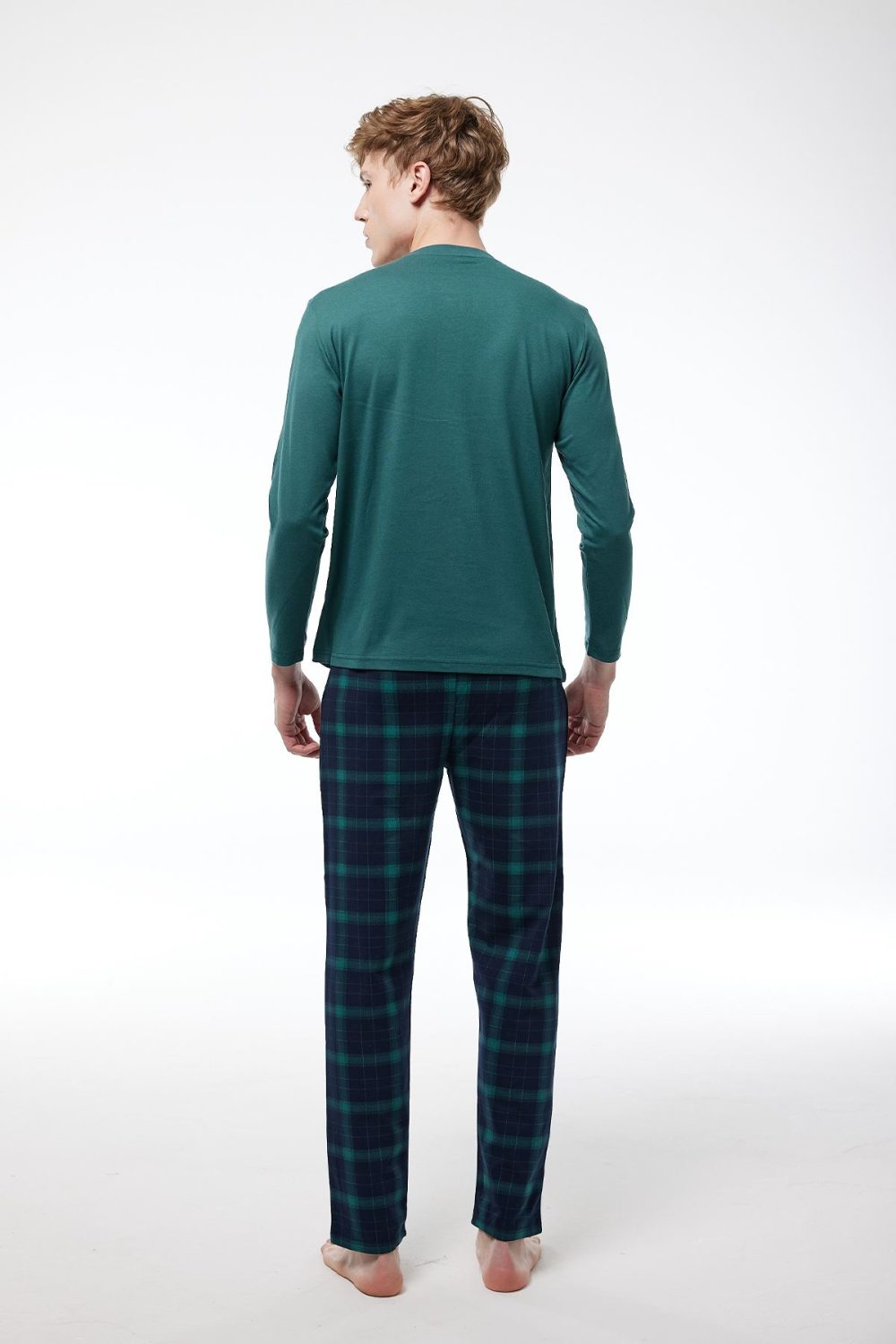 DFN Erkek Yeşil Ekoseli Düğmeli Yaka Uzun Kollu Kışlık Pijama Takımı 6015 - Görsel 3