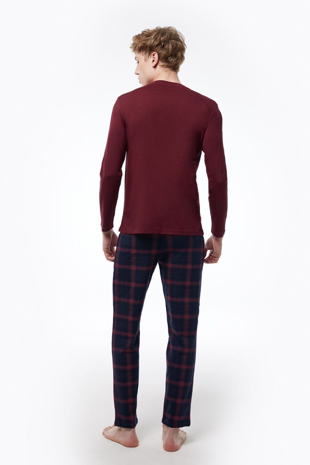 DFN Erkek Bordo Ekoseli Düğmeli Yaka Uzun Kollu Kışlık Pijama Takımı 6015 - Görsel 3