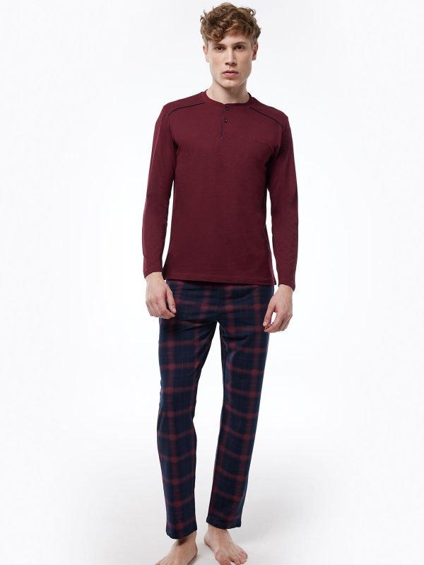 DFN Erkek Bordo Ekoseli Düğmeli Yaka Uzun Kollu Kışlık Pijama Takımı 6015