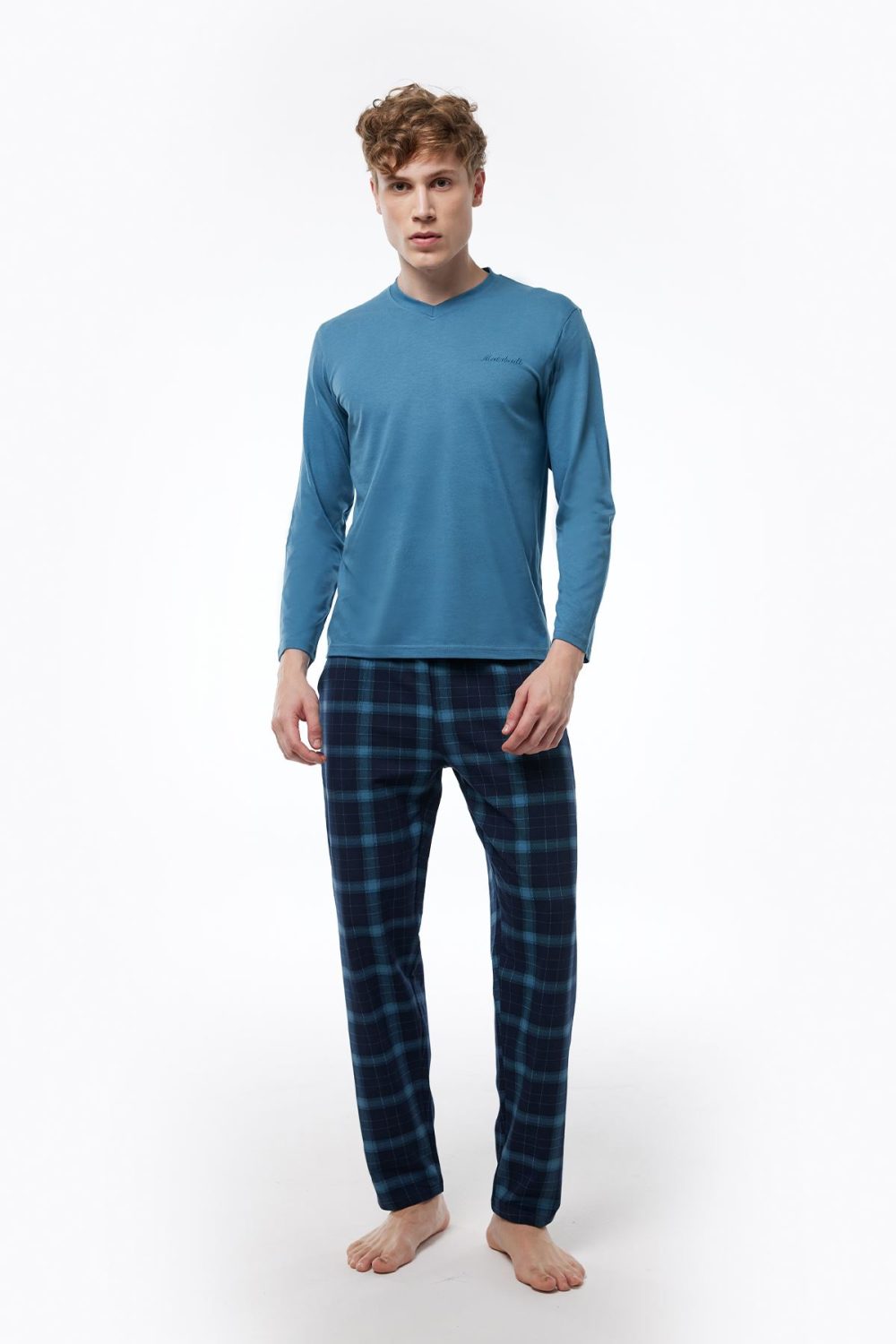 DFN Erkek Mavi Ekoseli V Yaka Uzun Kollu Kışlık Pijama Takımı 6014