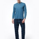 DFN Erkek Mavi Ekoseli V Yaka Uzun Kollu Kışlık Pijama Takımı 6014
