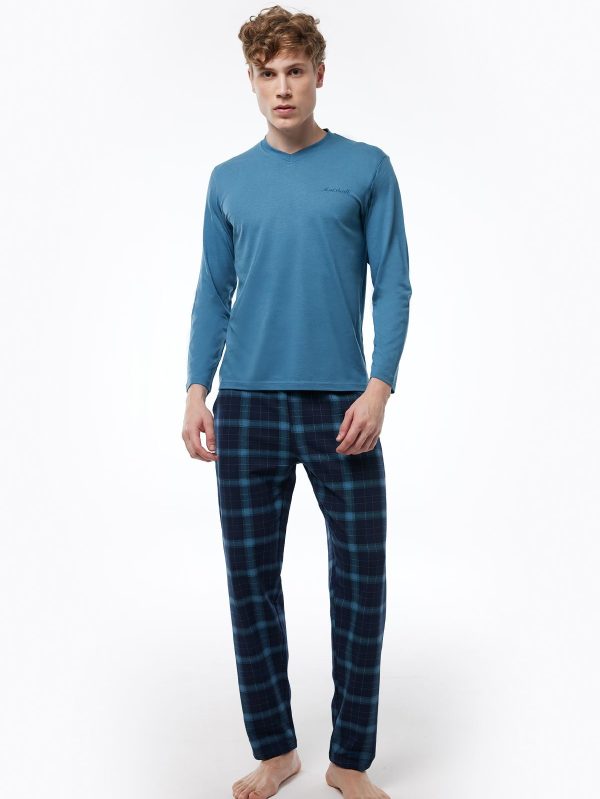 DFN Erkek Mavi Ekoseli V Yaka Uzun Kollu Kışlık Pijama Takımı 6014