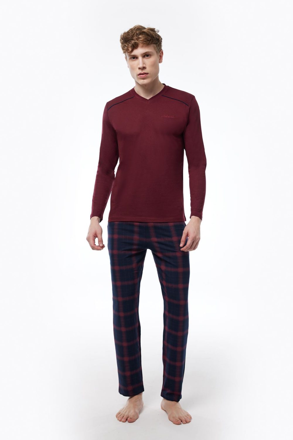 DFN Erkek Bordo Ekoseli V Yaka Uzun Kollu Kışlık Pijama Takımı 6014