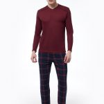 DFN Erkek Bordo Ekoseli V Yaka Uzun Kollu Kışlık Pijama Takımı 6014