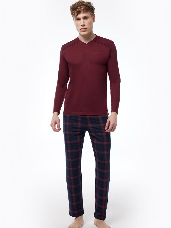 DFN Erkek Bordo Ekoseli V Yaka Uzun Kollu Kışlık Pijama Takımı 6014