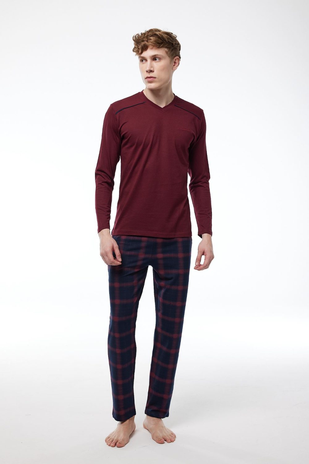 DFN Erkek Bordo Ekoseli V Yaka Uzun Kollu Kışlık Pijama Takımı 6014 - Görsel 2