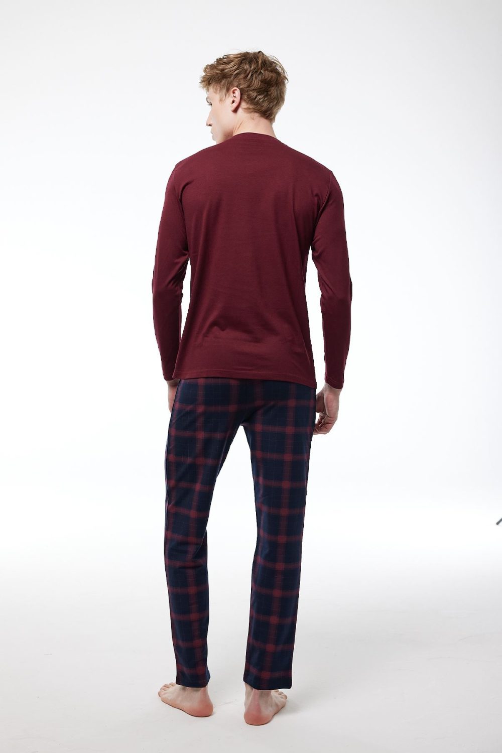 DFN Erkek Bordo Ekoseli V Yaka Uzun Kollu Kışlık Pijama Takımı 6014 - Görsel 3