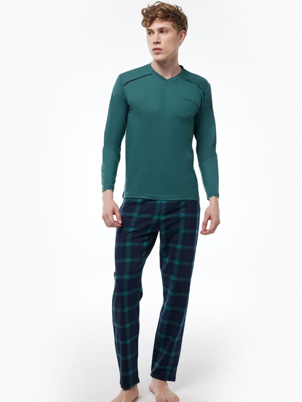 DFN Erkek Yeşil Ekoseli V Yaka Uzun Kollu Kışlık Pijama Takımı 6014