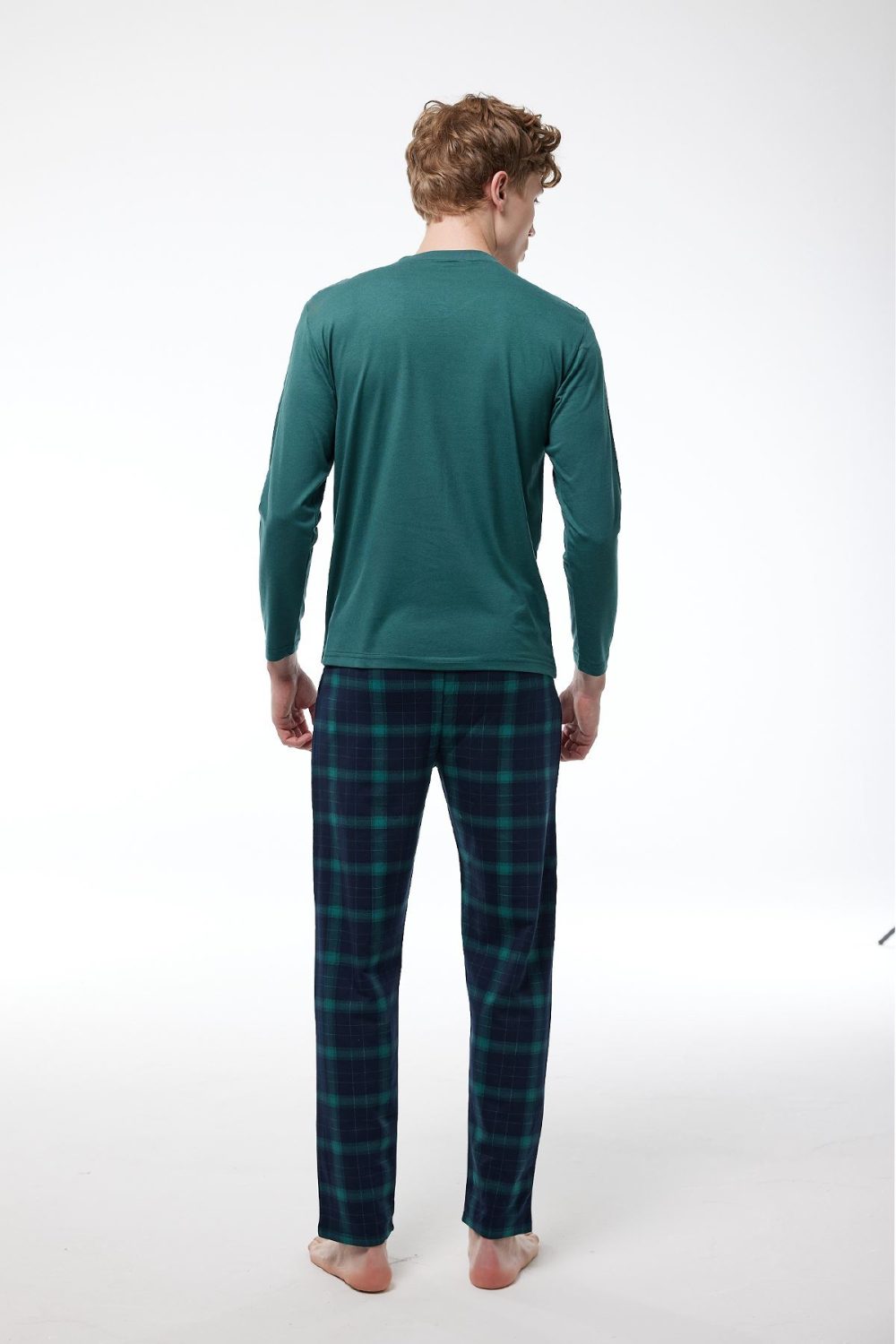 DFN Erkek Yeşil Ekoseli V Yaka Uzun Kollu Kışlık Pijama Takımı 6014 - Görsel 3