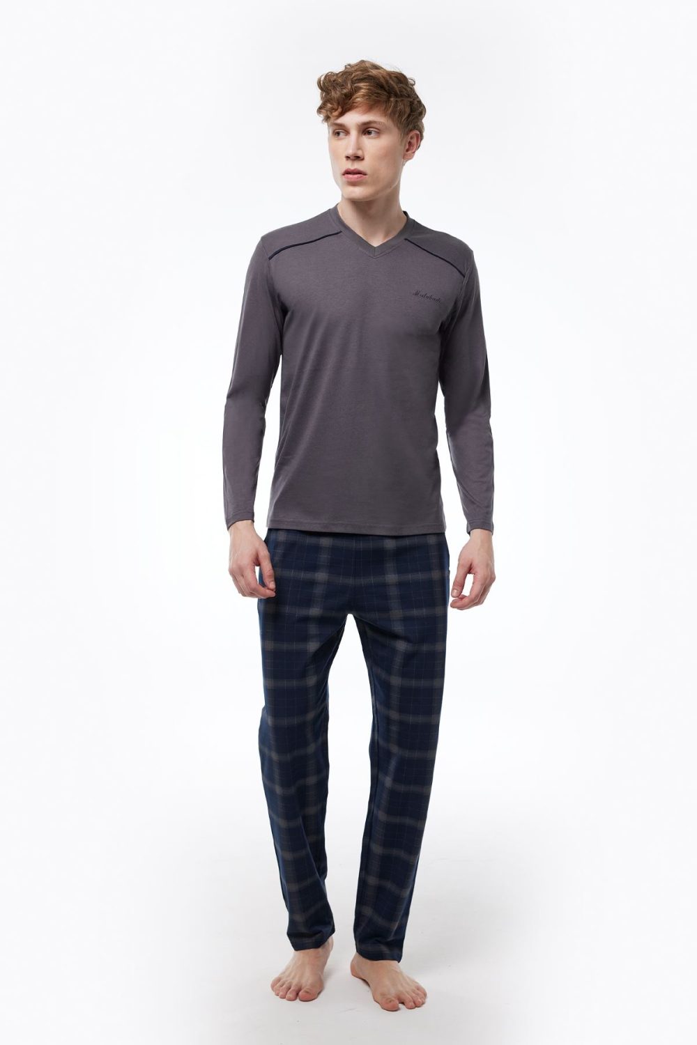 DFN Erkek Füme Ekoseli V Yaka Uzun Kollu Kışlık Pijama Takımı 6014