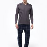 DFN Erkek Füme Ekoseli V Yaka Uzun Kollu Kışlık Pijama Takımı 6014