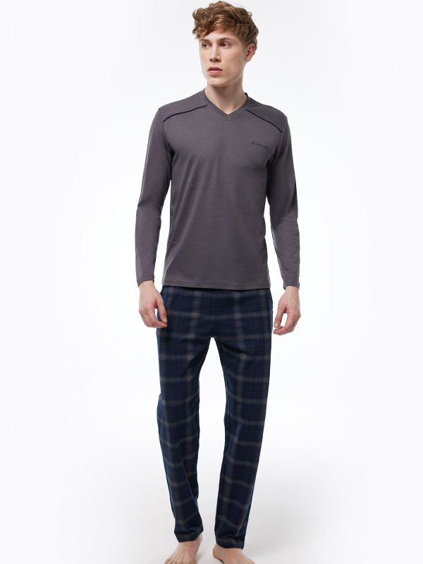 DFN Erkek Füme Ekoseli V Yaka Uzun Kollu Kışlık Pijama Takımı 6014