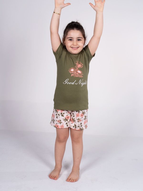 DFN Kız Çocuk Yeşil Kısa Kollu Yazlık Pijama Baskılı Şortlu Takım 4004