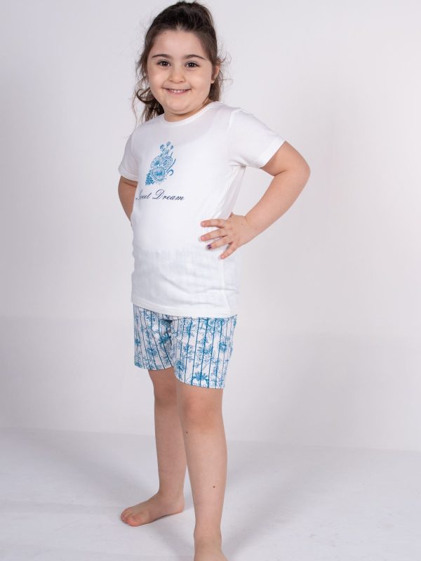DFN Kız Çocuk Ekru Kısa Kollu Yazlık Pijama Baskılı Şortlu Takım 4004