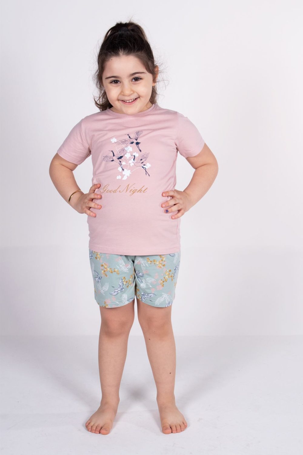 DFN Kız Çocuk Pudra Kısa Kollu Yazlık Pijama Baskılı Şortlu Takım 4004