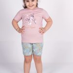 DFN Kız Çocuk Pudra Kısa Kollu Yazlık Pijama Baskılı Şortlu Takım 4004