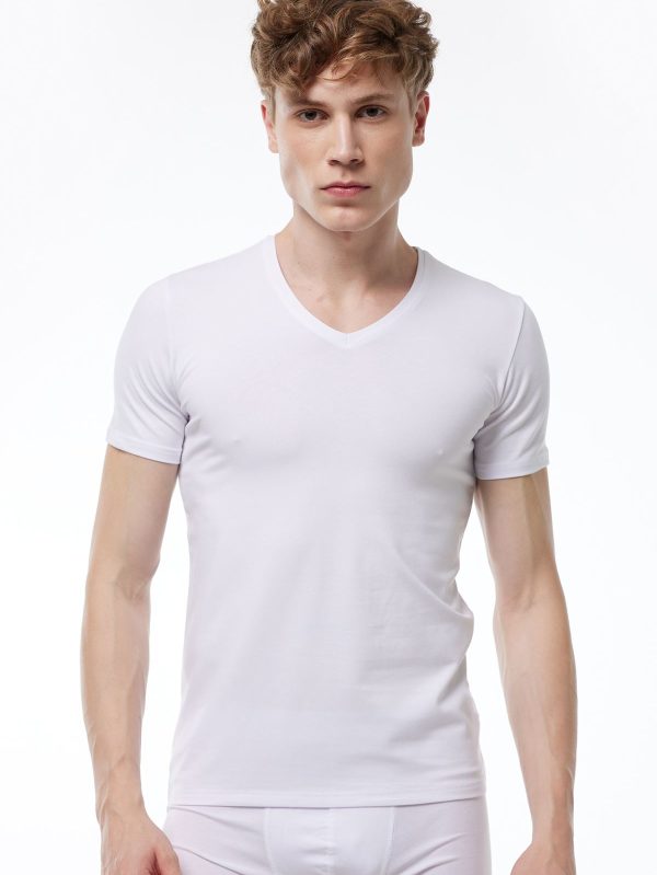 DFN Erkek Beyaz V Yaka Kısa Kollu Pamuk Elastan Fanila T-Shirt 092
