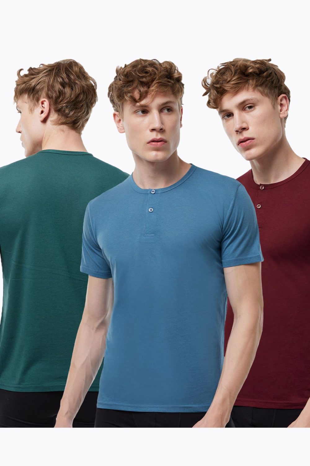 DFN Erkek 3 lü Paket Mavi Bordo Yeşil Düğmeli Yaka İnce Yaz Serinliği T-shirt 083