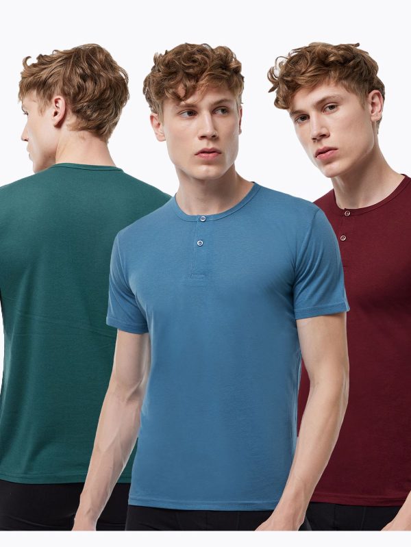 DFN Erkek 3 lü Paket Mavi Bordo Yeşil Düğmeli Yaka İnce Yaz Serinliği T-shirt 083